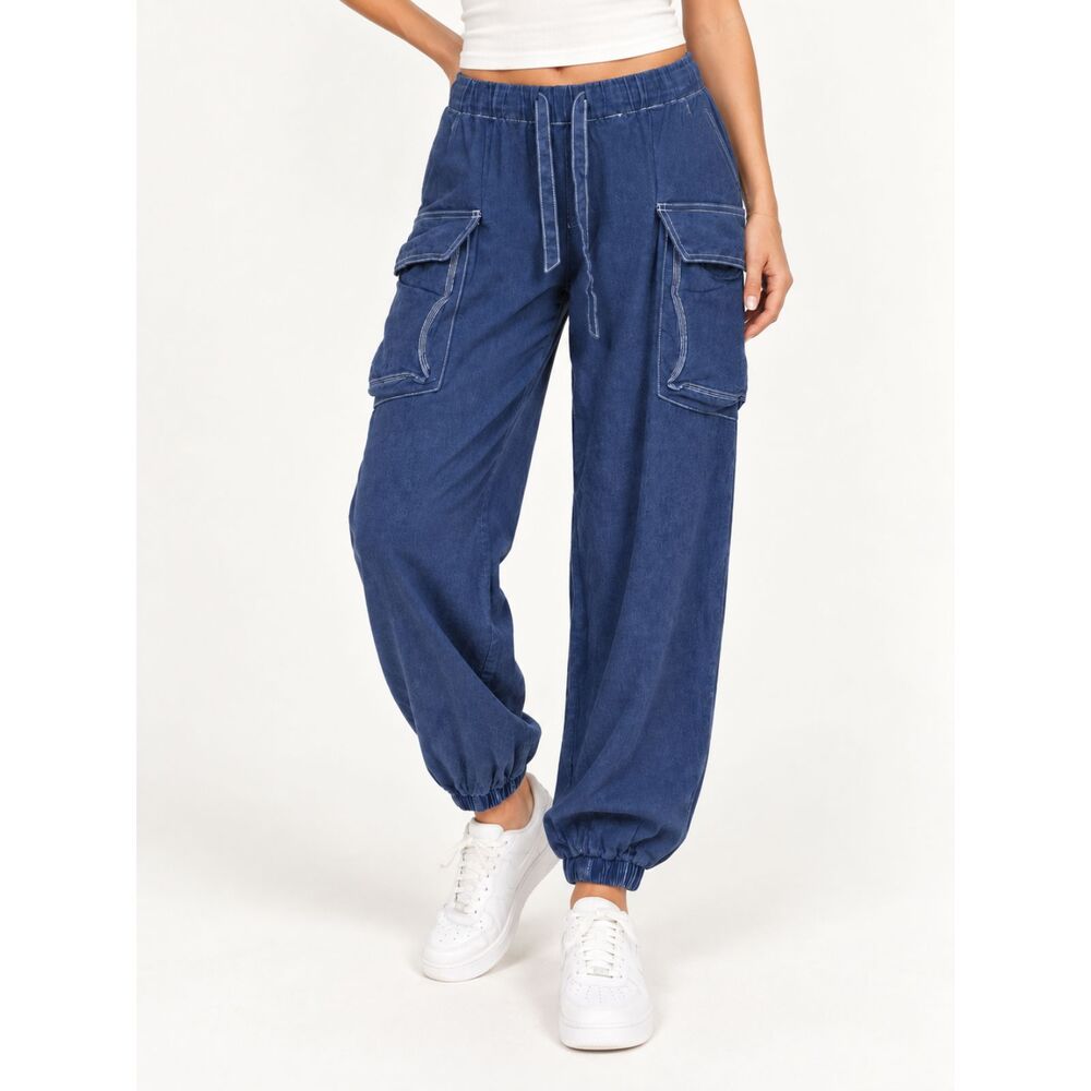 Umgee Womens M Linen Cotton Cargo Jogger Pants Navy Blue Utility Boho Pocket
